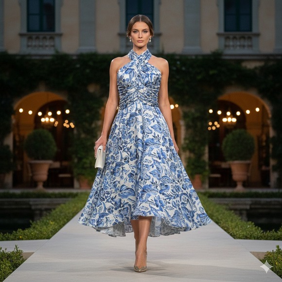 Auth RALPH LAUREN PURPLE LABEL Runway Silk Halter Dress Blue Floral Porcelain 8 - Picture 2 of 16